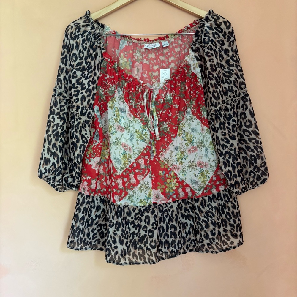 NY & Co Sweet Pea Patchwork Floral Animal Print Semi Sheer Blouse Sz M Y2K Boho